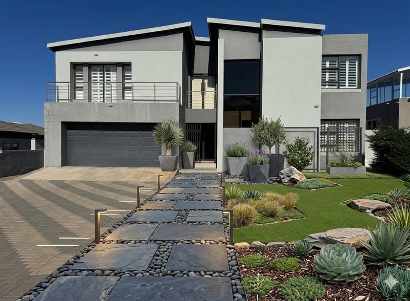 Stepping-stone driveway path with succulent groundcover and modern home backdrop.
