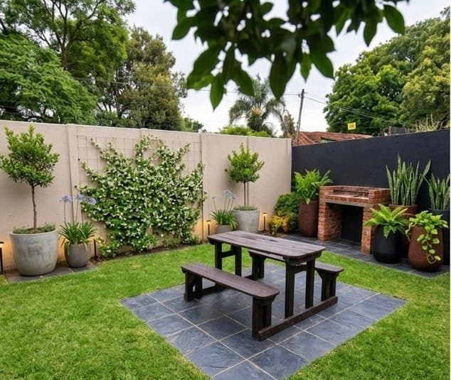 Patio with simple bench and wooden table on paved surface, planted edges.