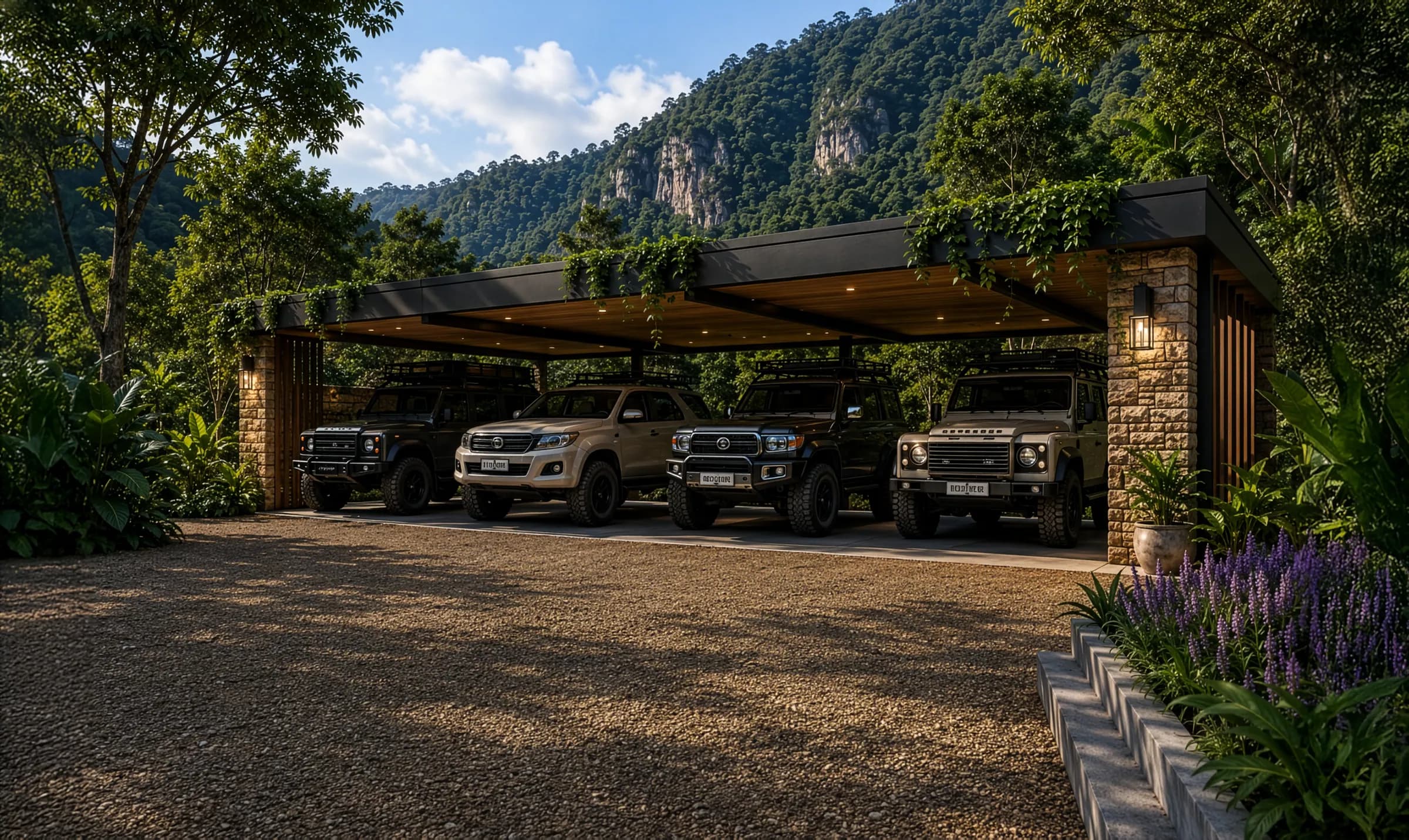 Designed carport under savanna biome canopy · stone pillars · Dakani Studio