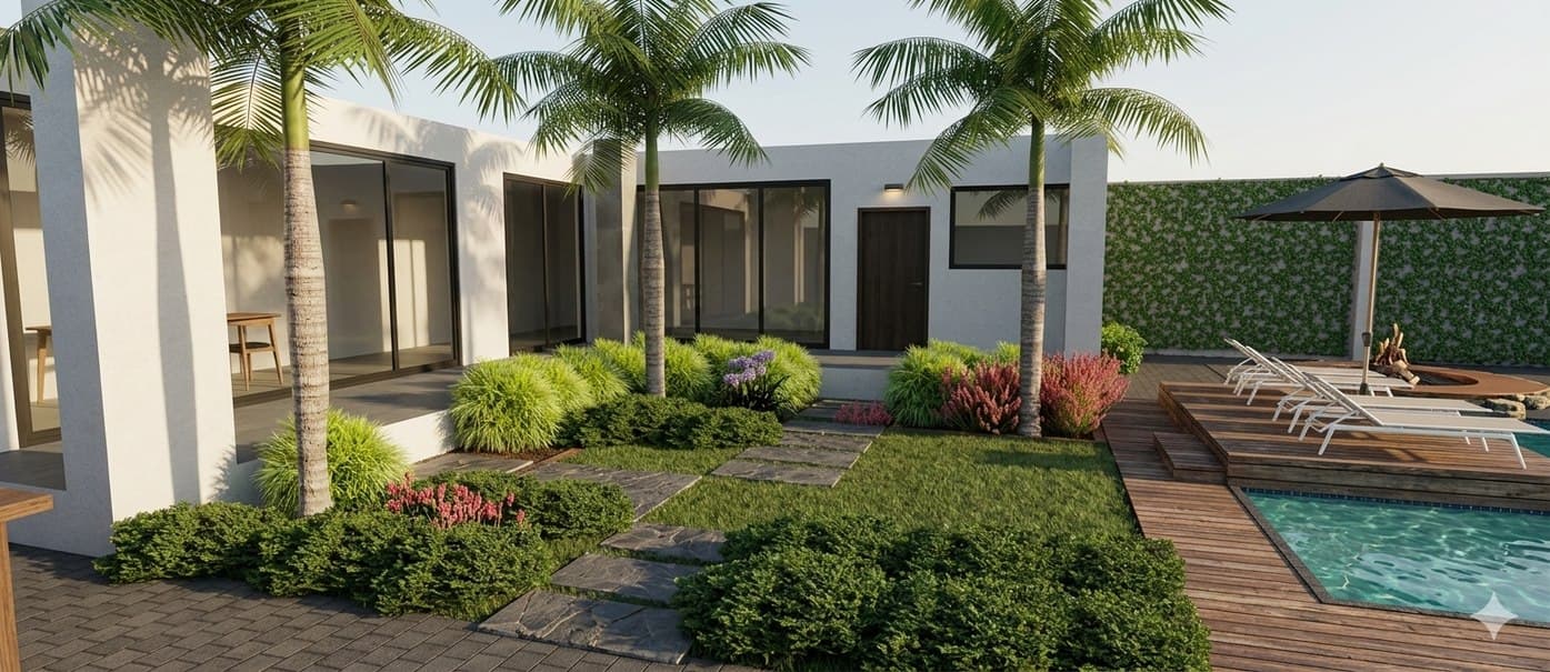 Mulayo Guesthouse — modern home elevation with pool, lounger chairs, hedge boundary and indigenous planting.